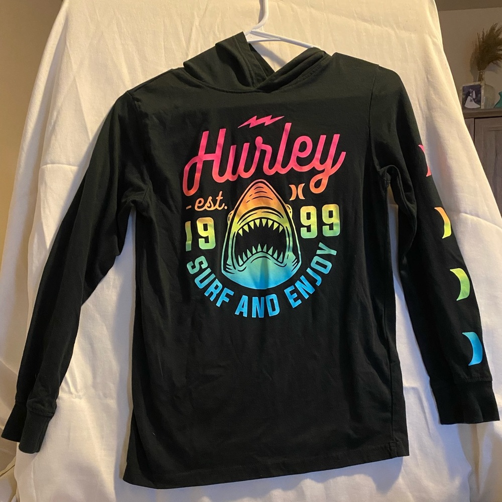 Boys size Large EUC black hooded long sleeve shirt, worn once
